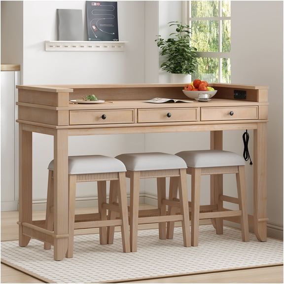 JERFIT Retro 3-Piece Counter Height Dining Set with USB Charging, Storage Drawers, and Padded Stools, Solid Wood & MDF Table for Small Space Kitchen, Breakfast Nook, Natural Finish