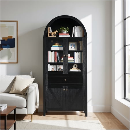 JERFIT Retro Arch Display Storage Cabinet with Glass Doors, Black Engineered Wood for Living Room, Dining Room & Study