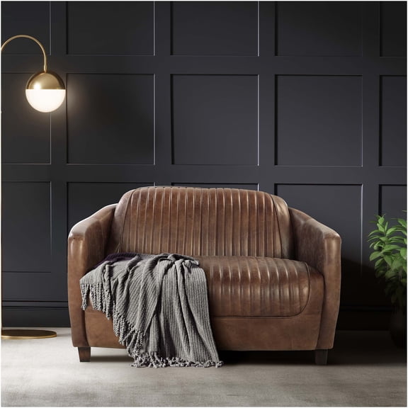 JERFIT Retro Aviator Style Loveseat Sofa, Genuine Top Grain Leather with Vintage Aluminum Accents for Living Room