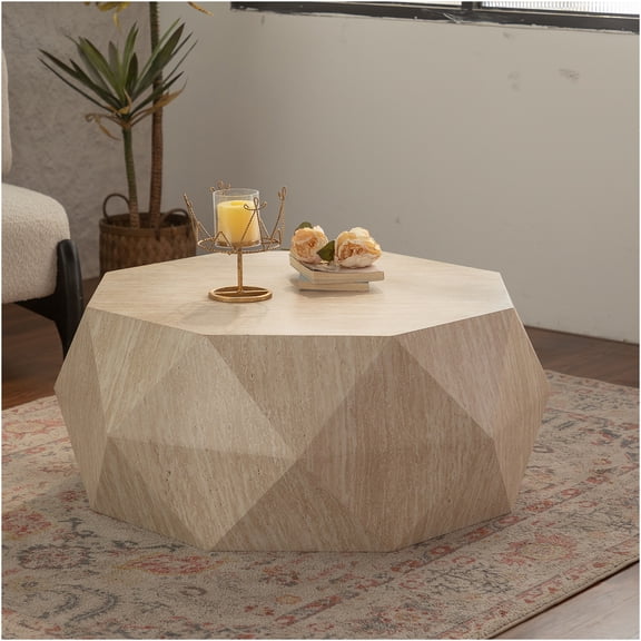 JERFIT Retro Drum Coffee Table for Living Room, Natural Wood End Table, No Assembly Farmhouse Center Table with High Load Capacity