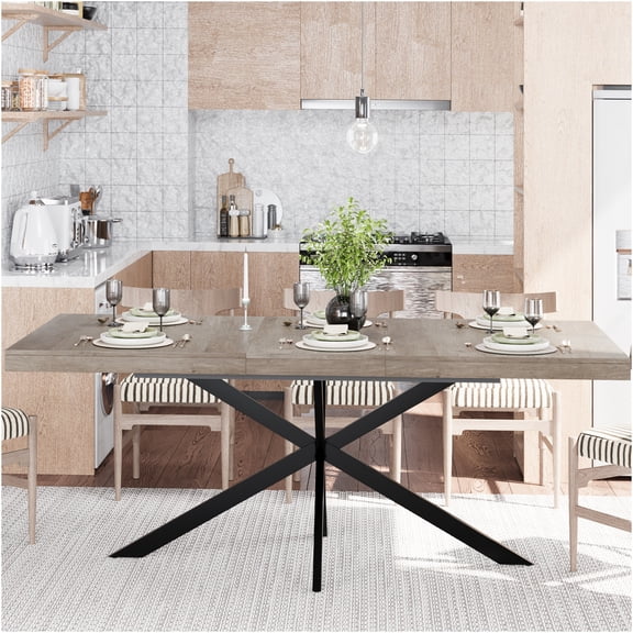 JERFIT Retro Extendable Dining Table with Storage, Expandable Rectangle Table for Kitchen Dining Room, Gray MDF and Metal