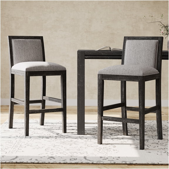 JERFIT Retro Fabric Bar Stools Set of 2 for Kitchen Island, Upholstered Counter Height Chairs with Rubber Wood Frame, Black and Grey Accent Barstools for Dining and Living Room