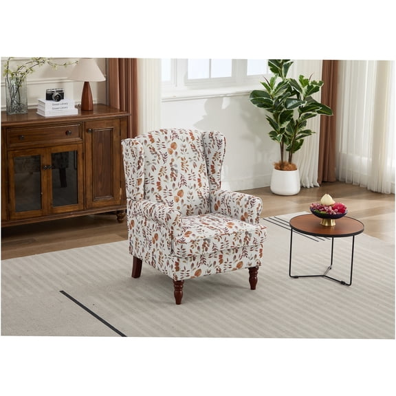 JERFIT Retro Floral Accent Chair with Solid Wood Legs, Upholstered Linen Fabric Armchair for Living Room, Bedroom, Office Decor, Brown and Yellow