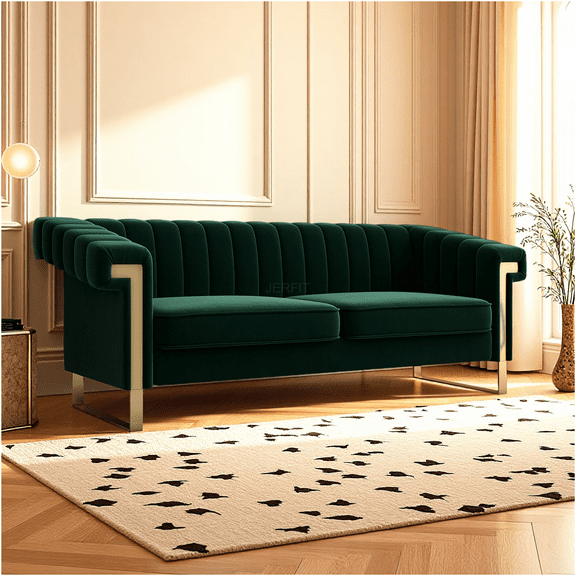 JERFIT Retro Green Velvet Sofa 3 Seater Couch with Gold Metal Legs, Modern Channel Tufted Upholstery Chesterfield Couch for Living Room, Office