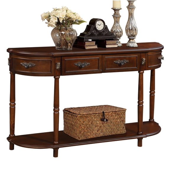 JERFIT Retro Half Moon Console Table with Drawers, 52 inch Solid Wood Sofa Table for Living Room Entryway, Cherry Finish Curved Hallway Table with Storage Shelf