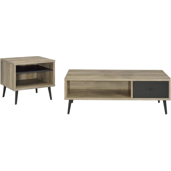 JERFIT Retro Industrial Coffee Table and End Table Set with Storage, Dark Green Black Distressed Finish, 2-Piece Living Room Furniture