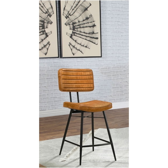 JERFIT Retro Kitchen Counter Stools Set of 2, Brown Leather Upholstered Bar Stools with Metal Legs and Footrest, Rustic Industrial Dining Chairs