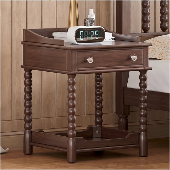 JERFIT Retro Nightstand Bedside Table with Drawer & Open Shelf, Vintage Walnut Finish Wood Bedroom End Table with Turned Legs