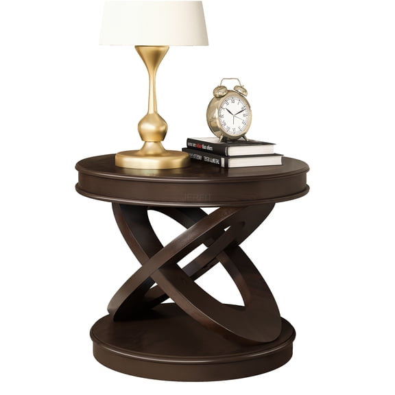 JERFIT Retro Round End Table with X-Base, 22 inch Espresso Wood Side Table for Living Room, Sofa, Bedroom