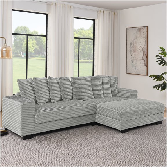JERFIT Reversible Chaise Sectional Sofa Bed, Convertible L-Shaped Couch with Tufted Upholstery and Adjustable Footrest, Gray Corduroy Fabric