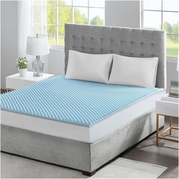 JERFIT Reversible Cooling Gel Memory Foam Mattress Topper, Ventilated Egg Crate Design for Airflow, Pressure Relief & Temperature Regulation, Hypoallergenic, Full Size, Blue