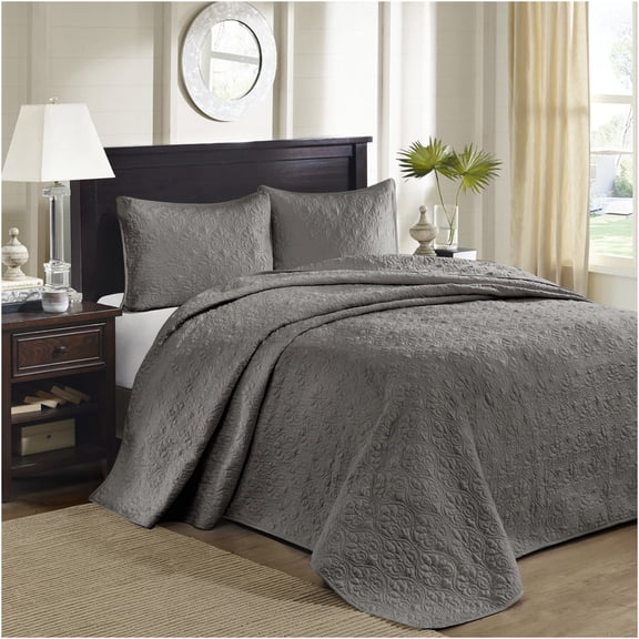 JERFIT Reversible Cotton Bedspread Set, Dark Grey Full Size, 3-Piece with Anti-Microbial Protection, Oversized Quilted Coverlet & Shams