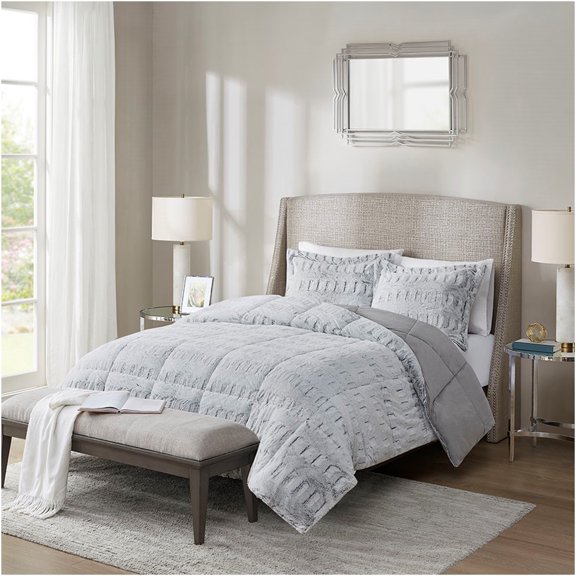 JERFIT Reversible Faux Fur & Faux Mink Comforter Set with Shams, Ultra Soft Hypoallergenic Bedding, Grey, Full/Queen