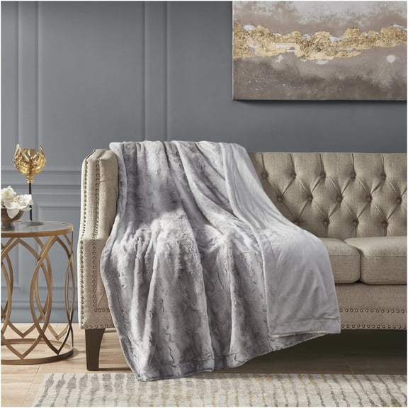 JERFIT Reversible Faux Fur & Mink Blanket King Size, Ultra Soft Grey Plush Throw for Bed Couch, Machine Washable