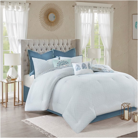 JERFIT Reversible King Comforter Set 8pc, Floral & Geometric Print, 100% Cotton, Blue Bedding Set with Skirt & Pillows