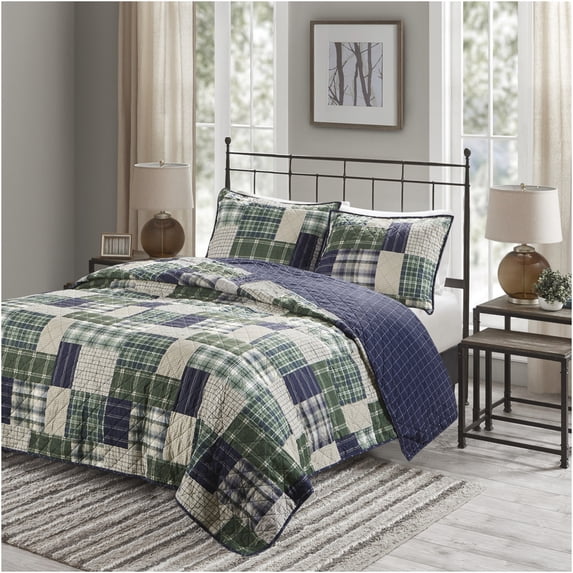 JERFIT Reversible King Quilt Set 3-Piece, Lodge Style Cabin Bedding, Green Navy Plaid Patchwork Print, Ultra Soft Microfiber, Machine Washable