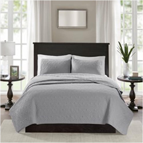 JERFIT Reversible King Quilt Set with Shams, Grey Cottage Style Bedding, All Season Cotton Blend, Anti-Microbial & Machine Washable