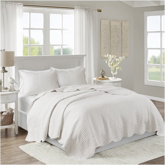 JERFIT Reversible King Quilt Set with Shams, Lightweight Farmhouse Bedding, Antimicrobial, Microfiber & Cotton Fill, White