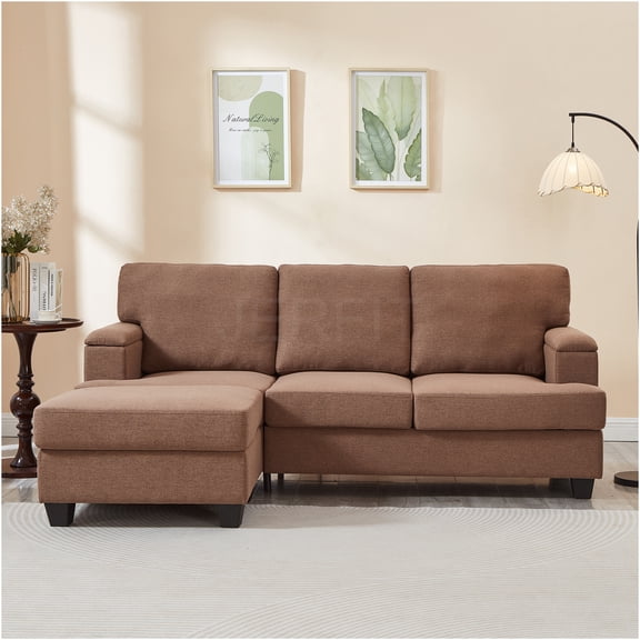 JERFIT Reversible L-Shaped Sofa with Storage Ottoman, Modern Sectional Couch with Chaise, Brown Linen Fabric for Living Room, Apartment