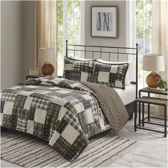 JERFIT Reversible Lodge Quilt Set Full Queen - 3Pc Rustic Plaid & Patchwork Print Bedding, Microfiber, Black Brown