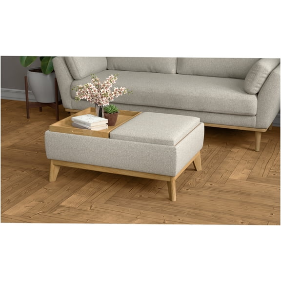 JERFIT Reversible Storage Ottoman Bench with Lift Top, Mid-Century Modern Foam Seat Cocktail Footstool for Living Room, Tan