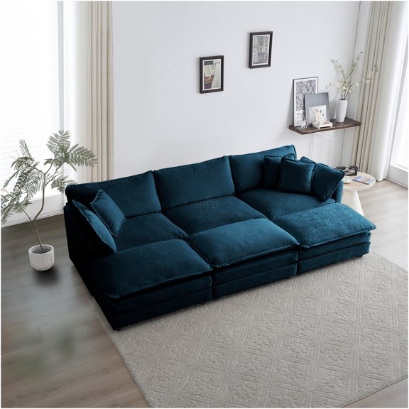 JERFIT Reversible U-Shaped 6-Piece Chenille Sectional Sofa Set with Ottomans and Pillows, Blue