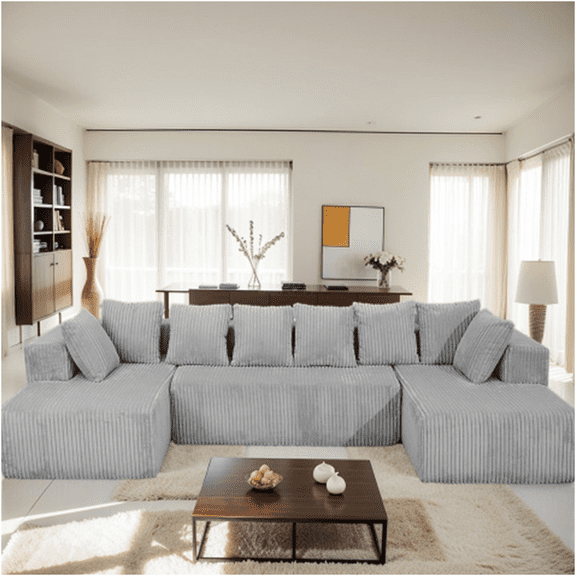JERFIT Reversible U-Shaped Sectional Sofa with Chaise Lounge, 4-Piece Modular Couch Set in Gray Corduroy Fabric for Living Room, Zero Assembly