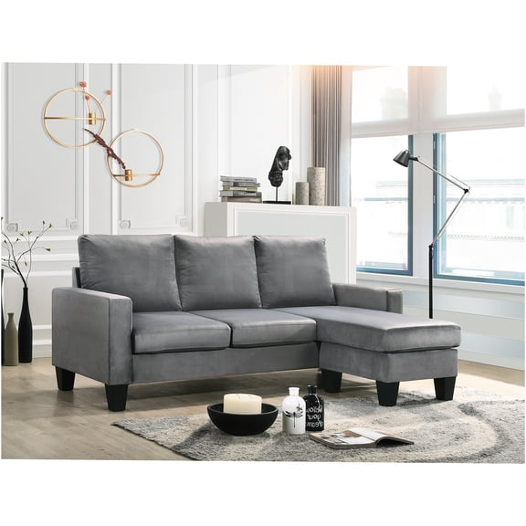 JERFIT Reversible Velvet Sofa Chaise Lounge for Small Spaces, Gray Convertible Sectional Couch with High Density Foam