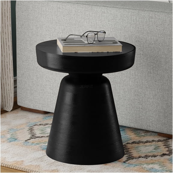 JERFIT Robbie Modern Sculptural End Table, Solid Mango Wood, Black Finish, for Living Room, Bedroom, Office