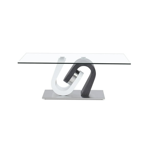 JERFIT Rocky Modern Pedestal Coffee Table with Clear Glass Top, Two-Tone Solid Wood & MDF Base for Living Room