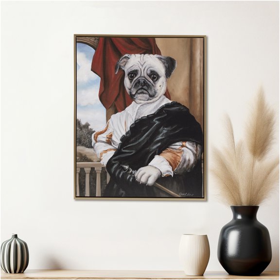 JERFIT Roman Emperor Pug Dog Canvas Wall Art in Gold Frame, 16"x20" Classical Animal Portrait for Living Room, Bedroom, Study Decor