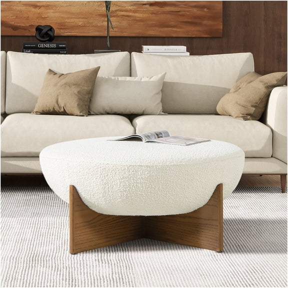 JERFIT Round Boucle Ottoman Cocktail Table, Hemispherical Upholstered Footstool with Natural Wood Legs for Living Room