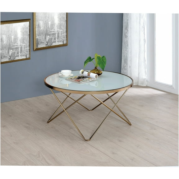 JERFIT Round Coffee Table with Frosted Glass Top, Champagne Metal Base, Modern Geometric Design for Living Room