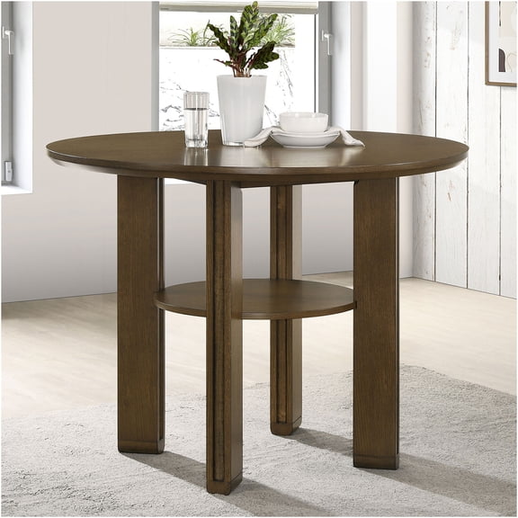 JERFIT Round Counter Height Dining Table for Kitchen, Brown Wood Pub Table with Lower Shelf, Modern Farmhouse Style