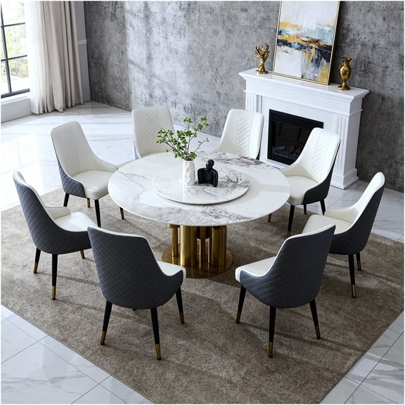 JERFIT Round Dining Table Set for 8 with Rotating Lazy Susan, Scratch & Heat Resistant Sintered Stone Top, Modern Minimalist Kitchen Table for Small Space