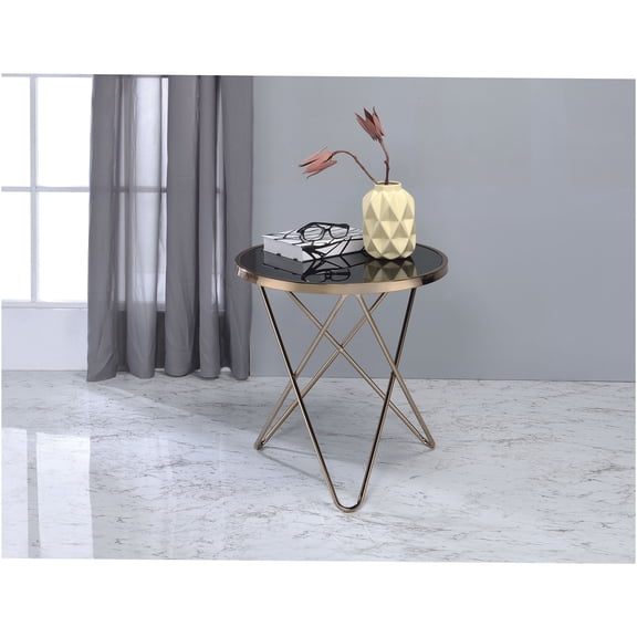 JERFIT Round End Table with Black Glass Top and Champagne Gold Metal Base, Small Accent Table for Living Room, Bedroom