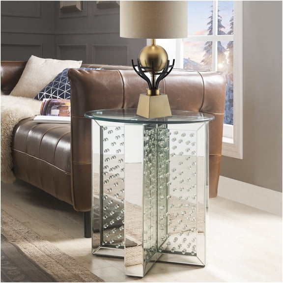 JERFIT Round End Table with Mirrored Base and Faux Crystal Inlay, Silver Accent Glass Top Nightstand or Occasional Table for Living Room, Bedroom