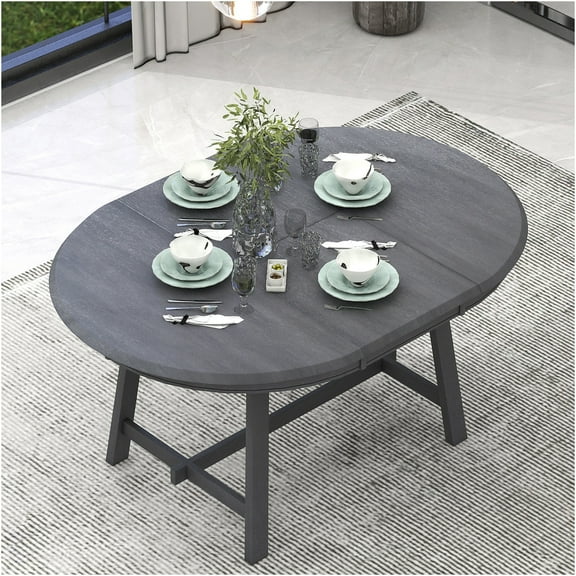 JERFIT Round Extendable Dining Table for 6, Solid Wood Kitchen Table with Leaf, Modern Farmhouse Gray Expandable Pedestal Base Dining Room Table