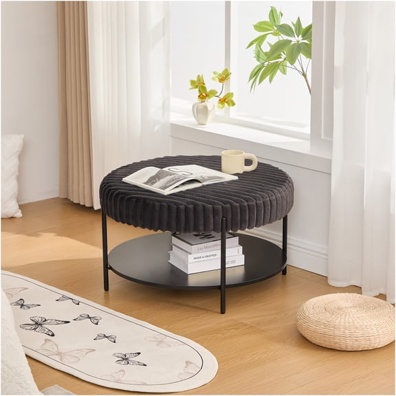 JERFIT Round Faux Fur Ottoman with Storage Shelf, Foot Rest Stool with Black Metal Legs for Living Room, Bedroom, Entryway, Charcoal