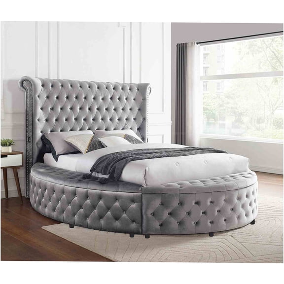 JERFIT Round King Size Bed with Storage, Upholstered Velvet Fabric, Tufted Wingback Headboard, USB Ports, Glam Traditional Bedroom Furniture
