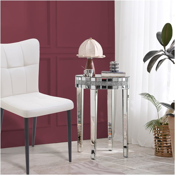 JERFIT Round Mirror Accent Table with Diamond-Cut Base, Small Circular Side Table for Living Room, Bedroom, Cafe Bistro Style, Silver Finish