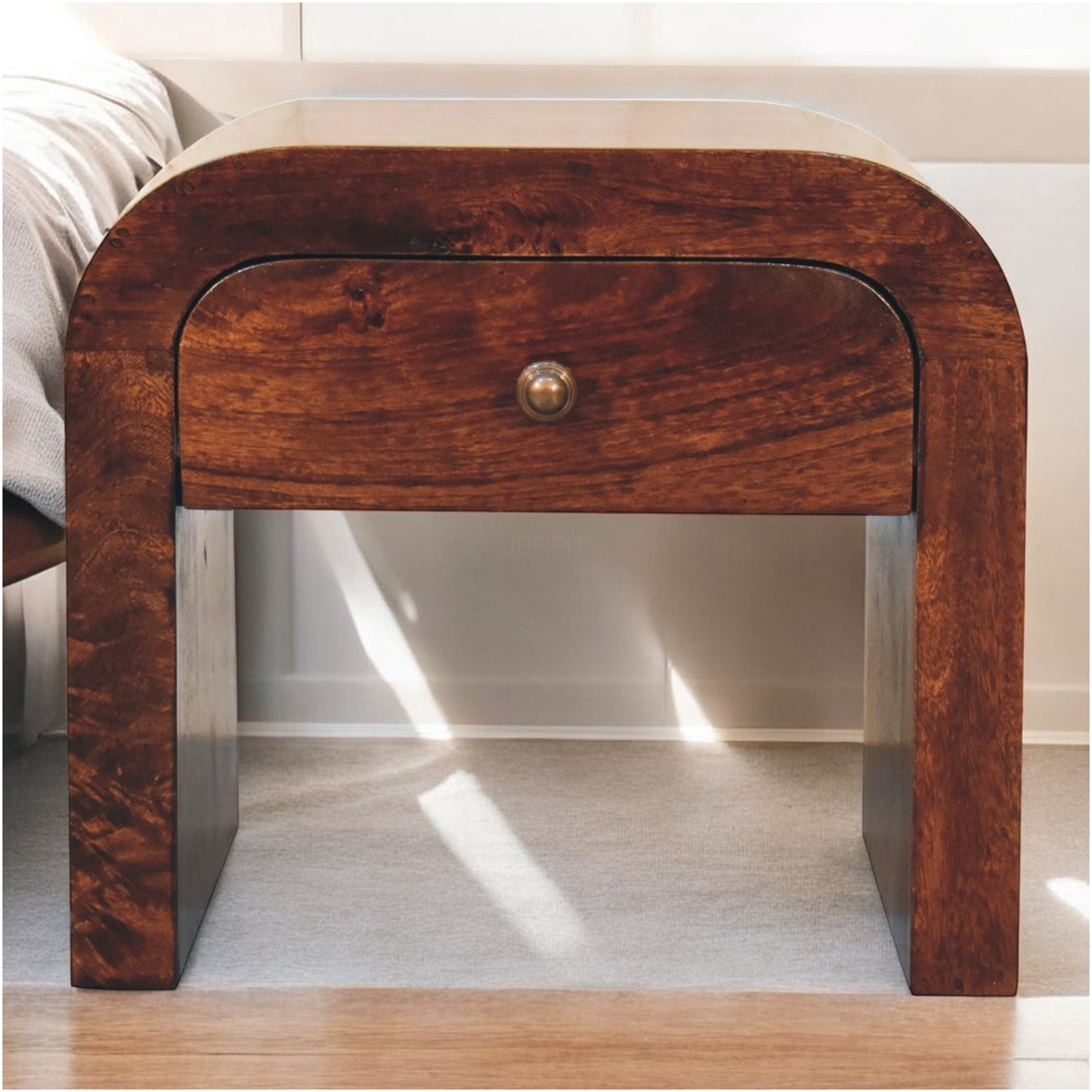 JERFIT Round Nightstand with Drawer, Solid Mango Wood Bedside Table in ...
