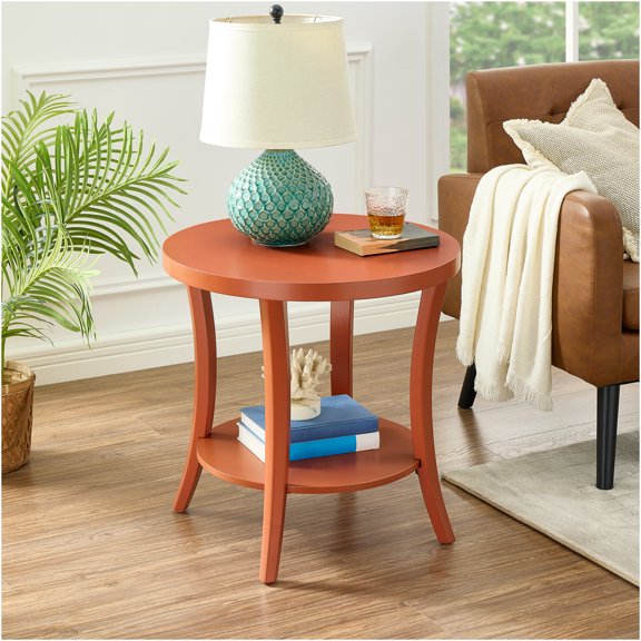 JERFIT Round Orange Wood End Table with Lower Open Shelf for Living Room Spaces
