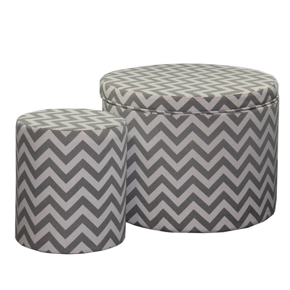 JERFIT Round Storage Ottoman Bench with Seat, Grey Chevron Pattern, Wood Frame, for Living Room Bedroom