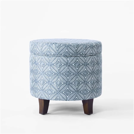 JERFIT Round Storage Ottoman Footstool with Lift Top, Blue Floral Pattern, Walnut Brown Legs, 19" D, Small Space Furniture for Living Room, Bedroom