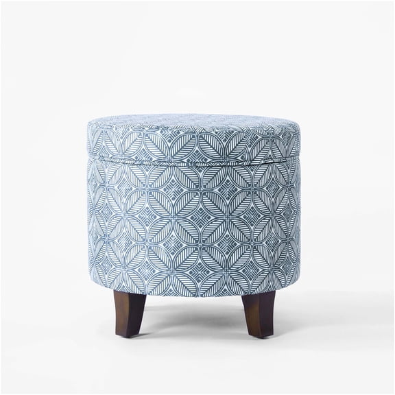 JERFIT Round Storage Ottoman Footstool with Lift Top, Blue Floral Pattern, Walnut Brown Legs, 19" D, Small Space Furniture for Living Room, Bedroom