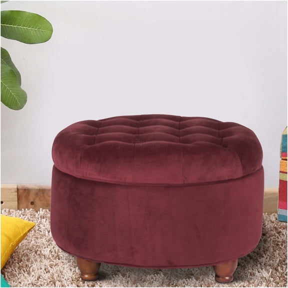 JERFIT Round Storage Ottoman with Lift Top, Red Velvet Upholstered Footstool, Tufted Bench for Living Room, Bedroom