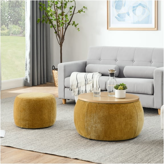 JERFIT Round Storage Ottoman with Removable Lid, Dark Yellow 2-in-1 Footstool Seat and End Table for Living Room, Bedroom & Office