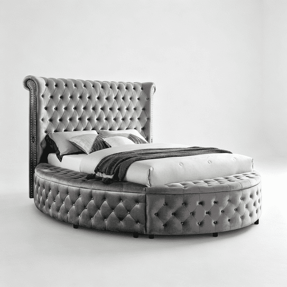 JERFIT Round Upholstered Queen Bed with Storage, Velvet Tufted Headboard, USB Ports, Glam Modern Platform Bed Frame