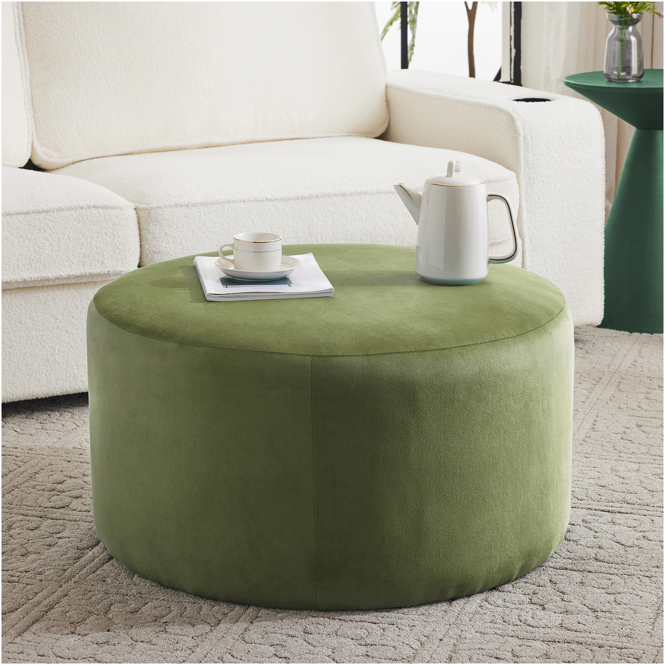 JERFIT Round Velvet Ottoman Pouf Footrest, Olive Green Velour Tufted Storage Stool for Living Room, Modern Accent Seating